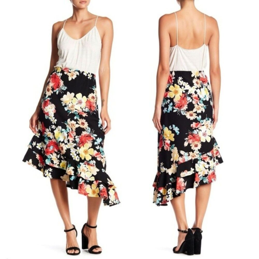NWOT BOBEAU BLACK FLORAL ASYMMETRICAL RUFFLED HEM SKIRT PLUS SIZE XL 16/18